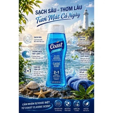 [HÀNG MỸ] Sữa Tắm Gội 2 Trong 1 Cho Nam Coast Classic Scent (Chai 532ml / 18 FL OZ)