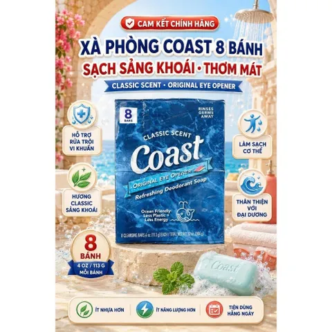 [HÀNG MỸ] Lốc 8 Cục Xà Bông Cục Coast Classic Scent Tắm Sạch Khuẩn, Thơm Mát (Lốc 8 Bánh x 113g)