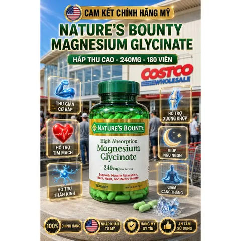 [HÀNG MỸ] Viên Uống Bổ Sung Magie Hấp Thu Cao Nature's Bounty Magnesium Glycinate 240mg (Lọ 180 Viên)