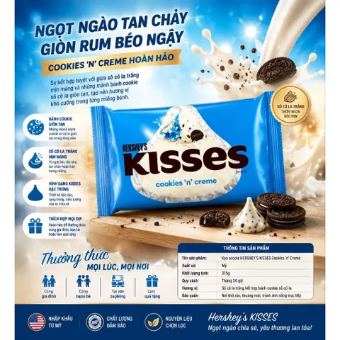 Socola Kẹo Chocolate hershey's kisses 311g cookies 'n' creme màu xanh hàng Mỹ