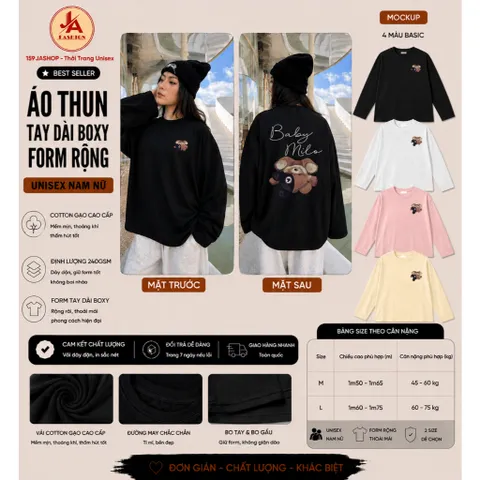 Áo thun tay dài boxy nam nữ form rộng in hình gấu BABY MILO  chất cotton gạo giấy L1 cao cấp mềm thoáng mát