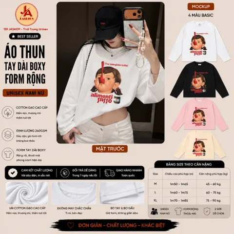 Áo Thun Tay Dài Boxy Form Rộng Unisex Nam Nữ Cotton Gạo 240GSM In Hình Bé Gái Cá Tính Streetwear