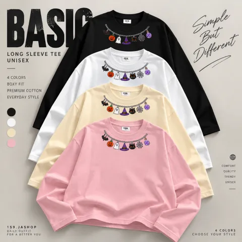 Áo Thun Tay Dài Boxy Form Rộng Unisex Nam Nữ Cotton Gạo 240GSM In Hình Halloween Cá Tính