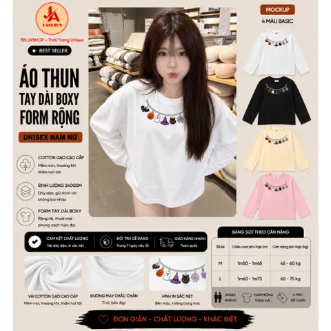 Áo Thun Tay Dài Boxy Form Rộng Unisex Nam Nữ Cotton Gạo 240GSM In Hình Halloween Cá Tính