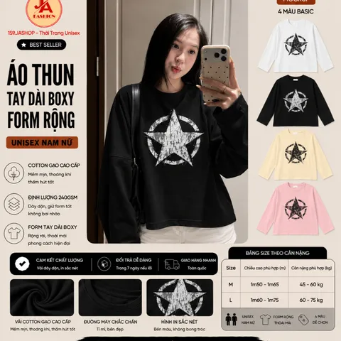 Áo thun tay dài boxy giấy gạo L1 In Hình Ngôi Sao Vintage nam nữ unisex