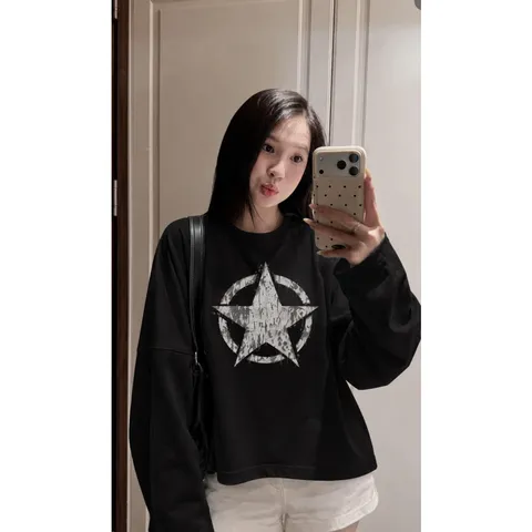 Áo thun tay dài boxy giấy gạo L1 In Hình Ngôi Sao Vintage nam nữ unisex