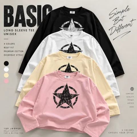 Áo thun tay dài boxy giấy gạo L1 In Hình Ngôi Sao Vintage nam nữ unisex