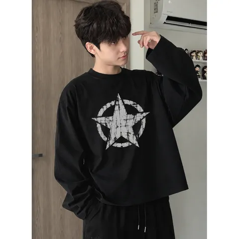 Áo thun tay dài boxy giấy gạo L1 In Hình Ngôi Sao Vintage nam nữ unisex