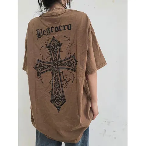 Áo thun form rộng   Cổ Tròn 100% Cotton  màu nâu hình thánh giá hottrend Thời Trang Phong Cách Hàn Quốc Cho nam nữ