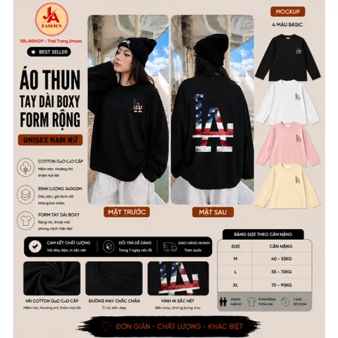 Áo Thun Tay Dài Boxy Form Rộng Unisex Nam Nữ   LA cờ mỹ Cotton 240gsm cotton gạo cao cấp Áo Phông Basic Thời Trang Stree