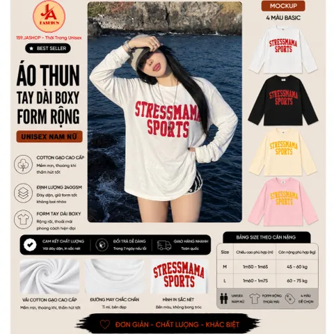 Áo Thun Giấy Xước Nữ Dài Tay In Chữ Stressmama Sports Form Rộng 40-75kg Basic Hàn Quốc