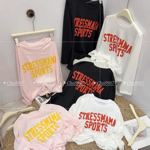 Áo Thun Giấy Xước Nữ Dài Tay In Chữ Stressmama Sports Form Rộng 40-75kg Basic Hàn Quốc