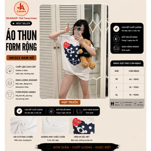 Áo thun form rộng Unisex  Trái Tim Chấm Bi In Sắc Nét Cotton 100% Dày Dặn Đủ Tag