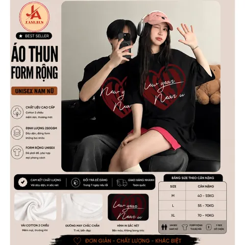 Áo thun form rộng đôi  nam nữ trái tim in chữ ký Newyear near u Cổ Tròn Chất Vải Cotton cao cấp