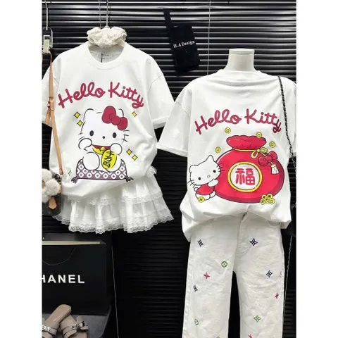 Áo phông  boxy nữ Hello kitty thần tài  hottrend 2026 chất cotton cao cấp đl 260gsm mềm mịn mát