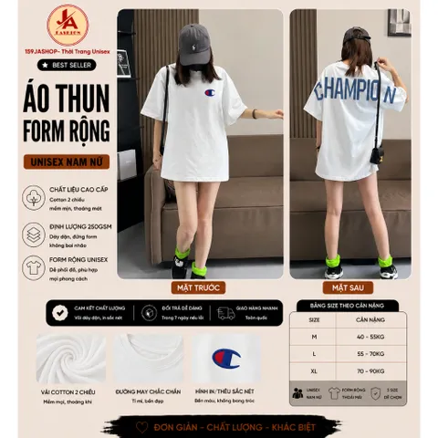 Áo thun form rộng CHAMPION Full Lưng Nam Nữ  Chất Vải Cotton cao cấp Co Giãn Thoáng Mát