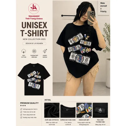 Áo thun form rộng Unisex Oversize In Mèo Chuột Hoạt Hình  Cotton 2C 260GSM Tay Lỡ Phong Cách Hàn Quốc