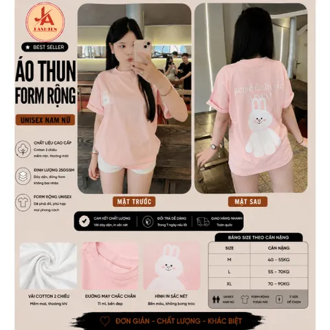 Áo thun form rộng nữ  màu hồng pastel, thiết kế dễ thương với hình thỏ trắng Chất vải mềm mịn, thoáng mát, thoải mái