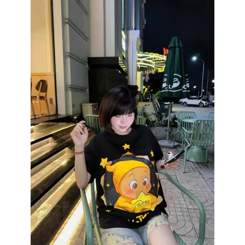 Áo thun form rộng Nữ Oversize In Hoạt Hình Ngôi Sao Dễ Thương  Tay Lỡ Cotton Mềm Phong Cách Hàn Quốc