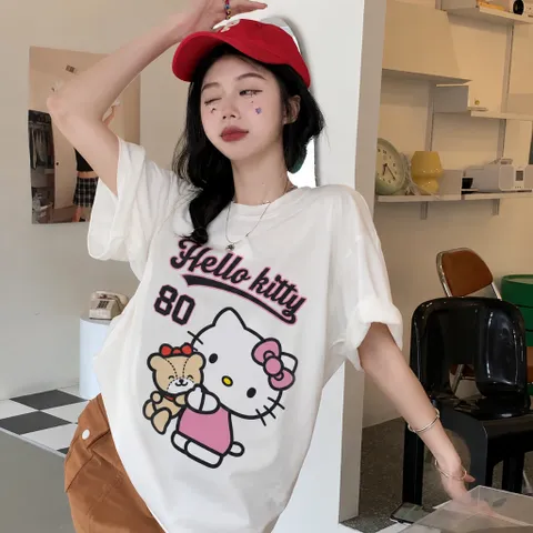 Áo thun form rộng  KITTY 80 Unisex In Mèo Cute Tay Lỡ Cotton Co Giãn 4 chiều Form Oversize Hot Trend