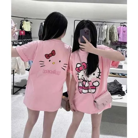 Áo thun form rộng nữ Hello Kitty màu Hồng in hình đáng yêu  tay lỡ chất cotton dày xịn hottrend 2025