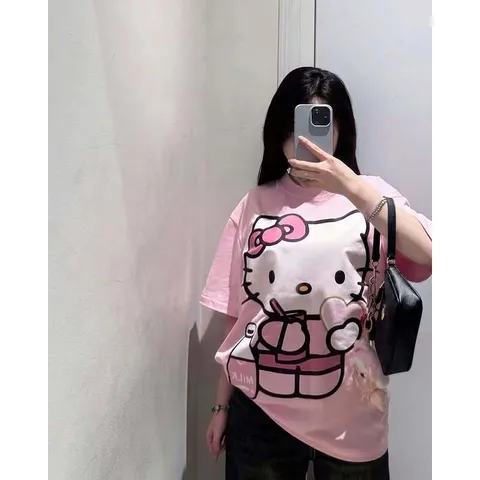 Áo thun form rộng nữ Hello Kitty màu Hồng in hình đáng yêu  tay lỡ chất cotton dày xịn hottrend 2025