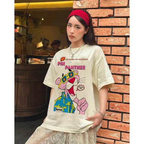 Áo thun form rộng nữ unisex hình Báo Hồng hoạt hình  vui nhộn chất cotton cao cấp