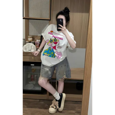 Áo thun form rộng nữ unisex hình Báo Hồng hoạt hình  vui nhộn chất cotton cao cấp