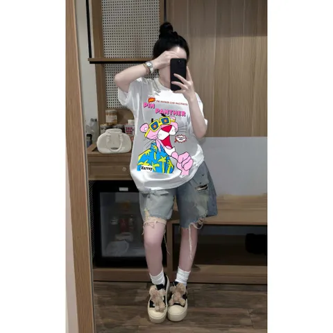 Áo thun form rộng nữ unisex hình Báo Hồng hoạt hình  vui nhộn chất cotton cao cấp