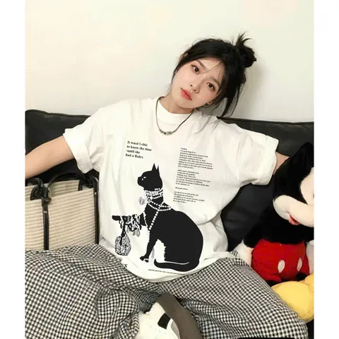 Áo thun form rộng Mèo Đen Đeo Ngọc – Phong Cách Hype  chất cotton cao cấp Street Style Cá Tính