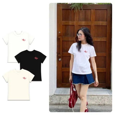 Áo thun form rộng Nữ Baby Tee Trái tim đôi  100% Cotton, Màu Trắng, Đen cotton cao cấp 2 chiều đl 250gsm