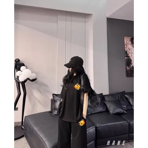 Set Đồ Unisex  Áo thun form rộng In Monkey Quần Suông Đen Cá Tính có dây rút