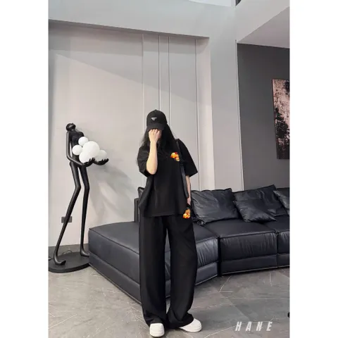 Set Đồ Unisex  Áo thun form rộng In Monkey Quần Suông Đen Cá Tính có dây rút
