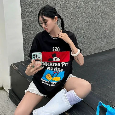 Áo thun form rộng  nam nữ unisex Disney hoạt hình Mickey 2 mặt chất cotton cao cấp