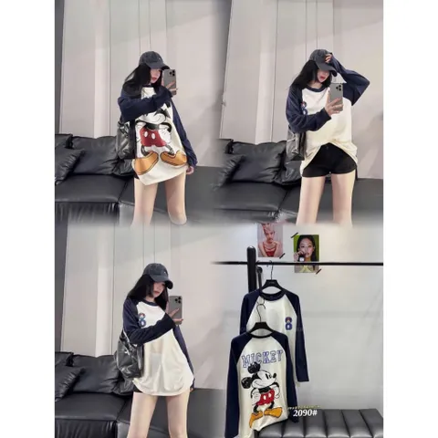 Áo thun form rộng tay dài thu đông  Mickey Mouse unisex nữ streetwear chất cotton mềm mịn hình in bền