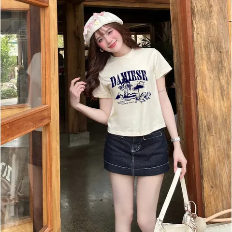 Áo thun form rộng Baby Tee  Cotton  Cao Cấp Form Ôm In Chữ Vintage – Áo Croptop Ngắn Phong Cách Hàn Quốc