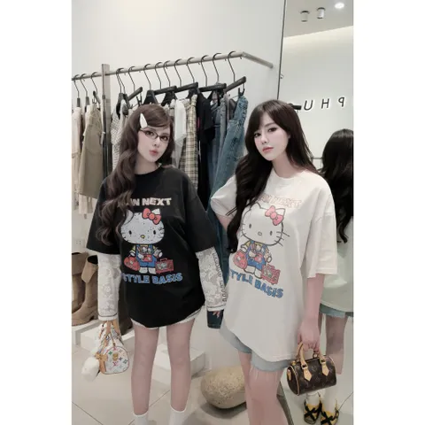 Áo thuữ tay lỡ HELLO KITTY chữ xếp unisex   phong cách ulzzang chất cotton cao cấp dày 250gsm