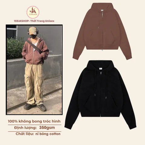 Áo Khoác Hoodie Zip Boxy Nỉ cotton lót bông  Cao Cấp Dày Dặn không xù Mềm Mại Thoáng Mát