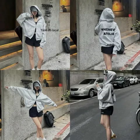 Áo Hoodie Zip Boxy WHENEVER ATELIER BASIC ZIP Màu Đen  / Xám / Xám Tiêu