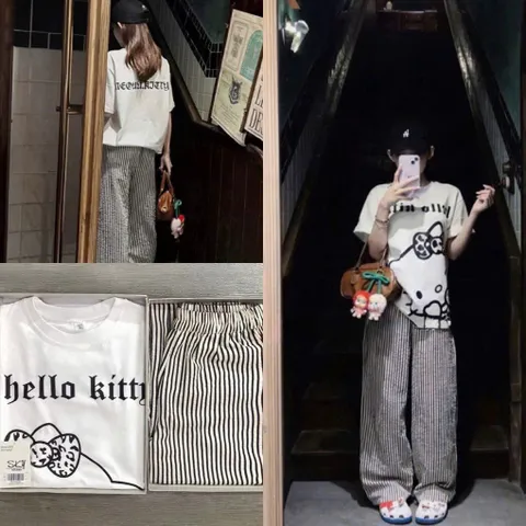 SET ĐỒ HELLO KITTY  PHỐI QUẦN SỌC – STYLE HÀN QUỐC CUTE chất cotton cao cấp mềm mát mịn TH138
