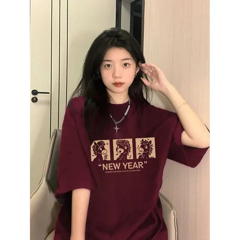 Áo phông cotton 100% nữ 2026 đỏ mận Họa tiết năm Ngọ in hình áo mặc tết   local brand