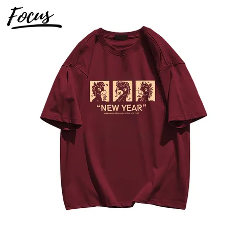 Áo phông cotton 100% nữ 2026 đỏ mận Họa tiết năm Ngọ in hình áo mặc tết   local brand