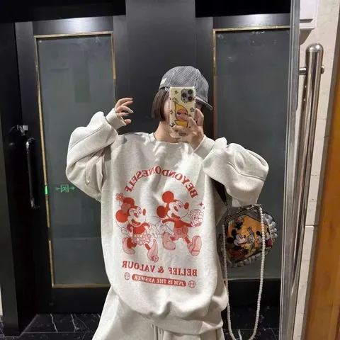 Sét bộ nỉ  nữ áo sweater in hinh Mickey  mix quần xuông  chất nỉ bông k xù lông ấm hot girl hottrend 2025 -TH110