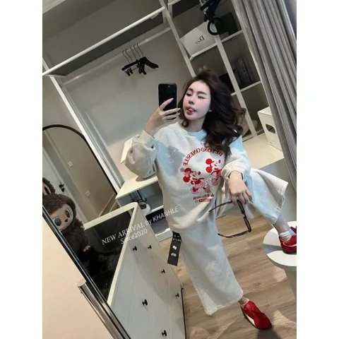 Sét bộ nỉ  nữ áo sweater in hinh Mickey  mix quần xuông  chất nỉ bông k xù lông ấm hot girl hottrend 2025 -TH110