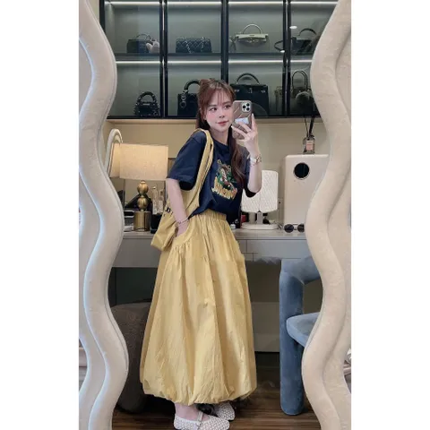 Set Váy Dài Xếp Tầng Áo Thun  cotton 4chieu In Hình Gấu Dễ Thương Tặng Túi  Phong Cách Hàn Quốc Nữ Tính Năng Động -TH185