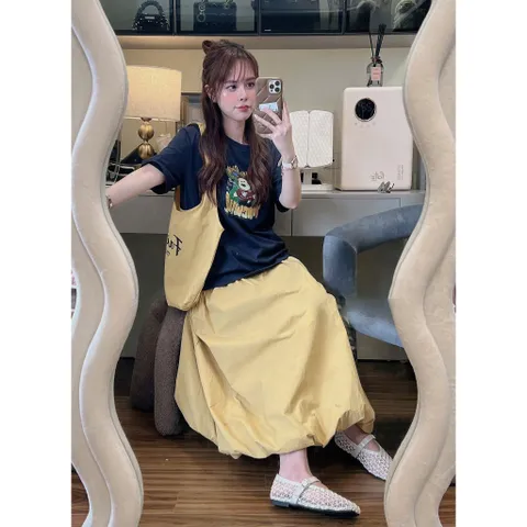 Set Váy Dài Xếp Tầng Áo Thun  cotton 4chieu In Hình Gấu Dễ Thương Tặng Túi  Phong Cách Hàn Quốc Nữ Tính Năng Động -TH185