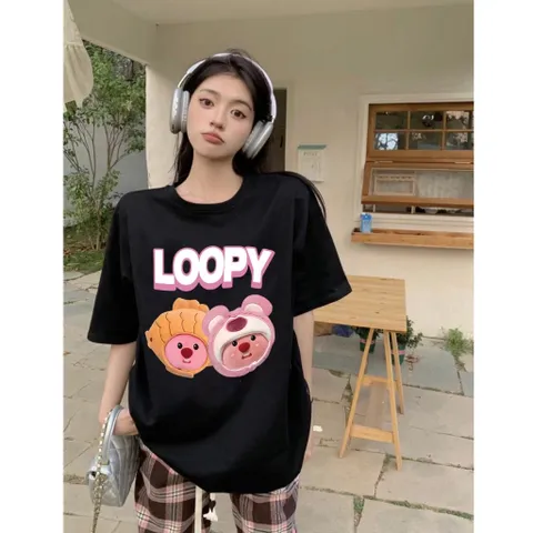 Áo thun unisex Hải Ly Loopy dễ thương form rộng  cotton cổ tròn in artwork