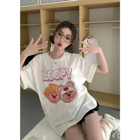 Áo thun unisex Hải Ly Loopy dễ thương form rộng  cotton cổ tròn in artwork