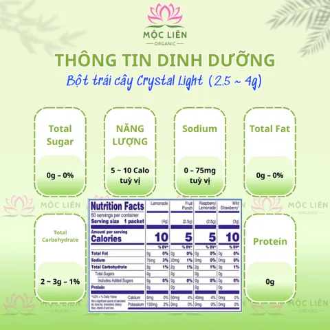 Combo 10 Gói Crystal Light Không Calo Bột Pha Nước Không Đường Giảm Calo Mix 4 Vị