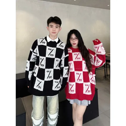 Áo len unisex nam nữ ô vuông caro, áo len form rộng len xù hot 2025